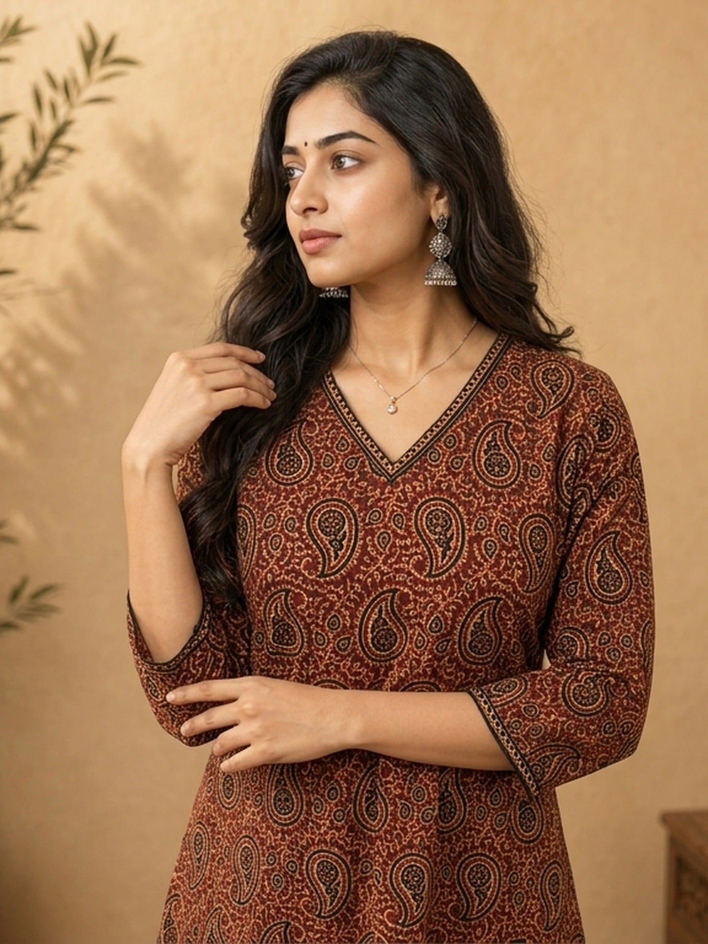 Elegant Deep Maroon Ajrakh Printed A-line Cotton Kurta