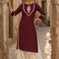 Timeless Maroon Ikat Woven Kurta with Tonal V-Yoke & White Paisley Embroidery & Lace Trim