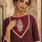Timeless Maroon Ikat Woven Kurta with Tonal V-Yoke & White Paisley Embroidery & Lace Trim