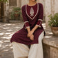 Timeless Maroon Ikat Woven Kurta with Tonal V-Yoke & White Paisley Embroidery & Lace Trim