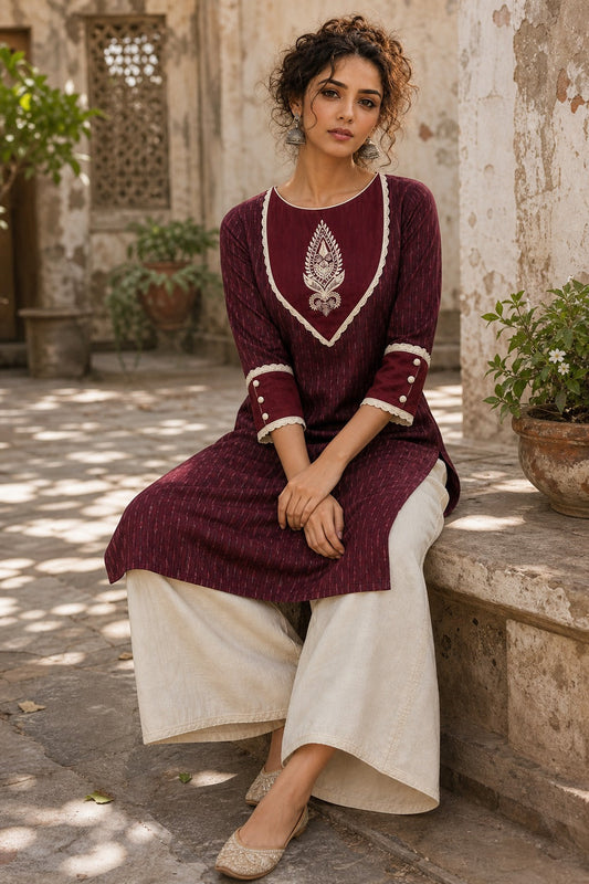 Timeless Maroon Ikat Woven Kurta with Tonal V-Yoke & White Paisley Embroidery & Lace Trim