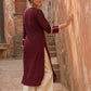 Timeless Maroon Ikat Woven Kurta with Tonal V-Yoke & White Paisley Embroidery & Lace Trim