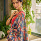 Classic Navy Saree Featuring Digital Rose Floral Print & Vibrant Red Tissue Contrast Border & Gold Trim