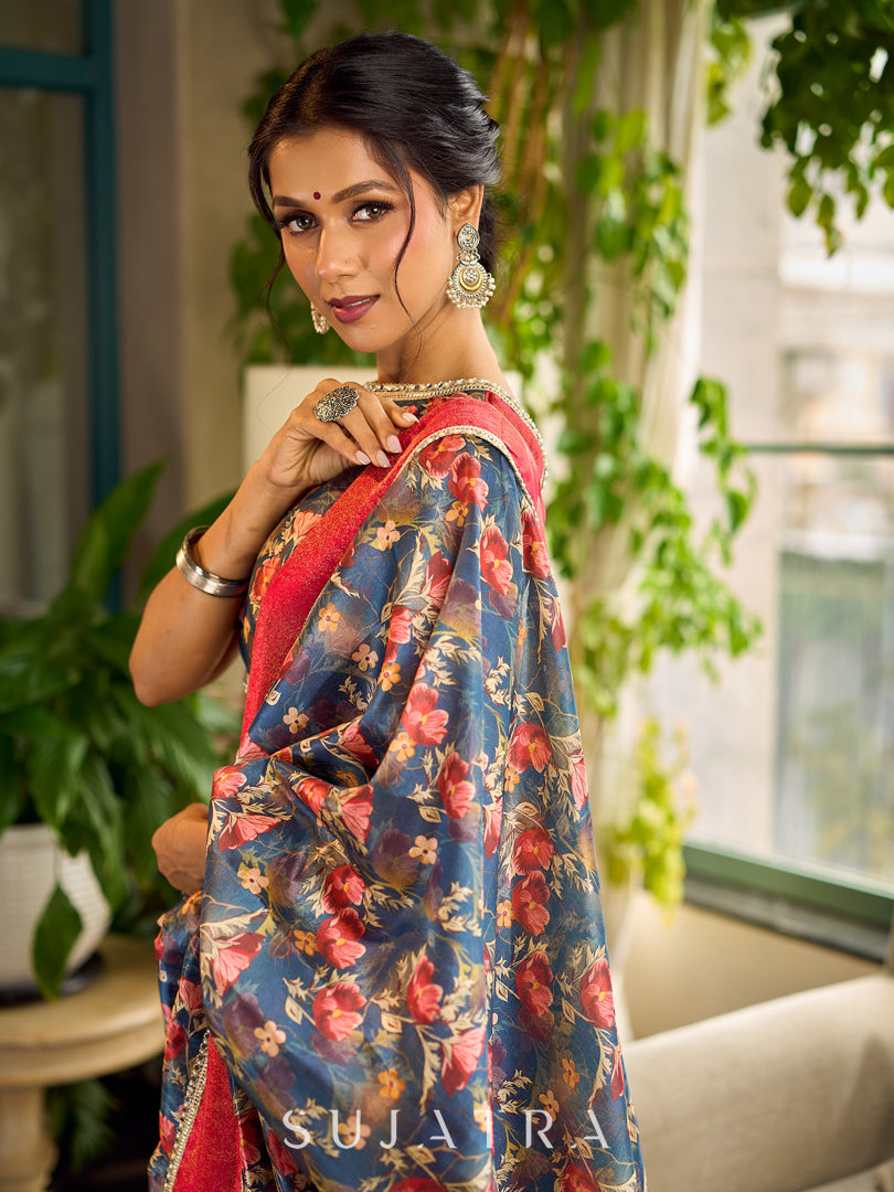 Classic Navy Saree Featuring Digital Rose Floral Print & Vibrant Red Tissue Contrast Border & Gold Trim