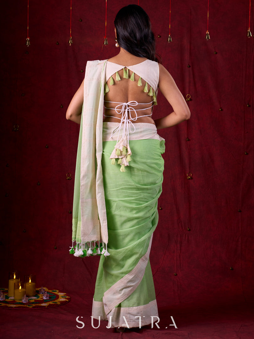 Soft Pastel Green Mul Cotton Saree Adorned with Delicate Hakoba Border & Pallu