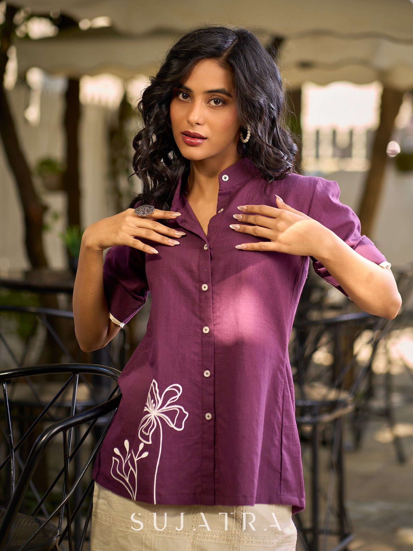 Purple Cotton Shirt Accented with Artful Hand-Painted Motif