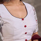 White Cotton Silk Blouse with Printed Sleeve & Red Button Front