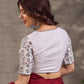 White Cotton Silk Blouse with Printed Sleeve & Red Button Front