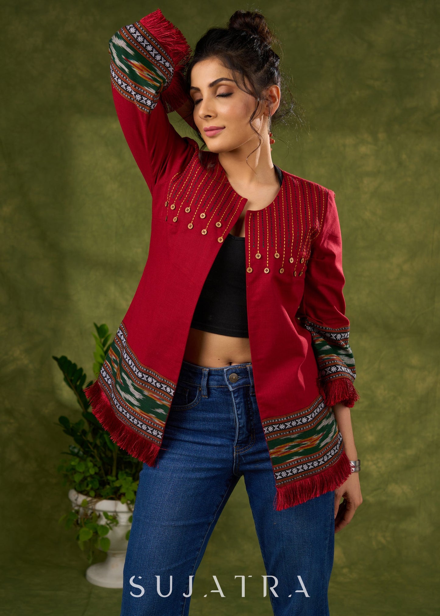 Global Glamour : Maroon Embroidered Cotton Jacket With Intricate Ikat Trim & Statement Buttons