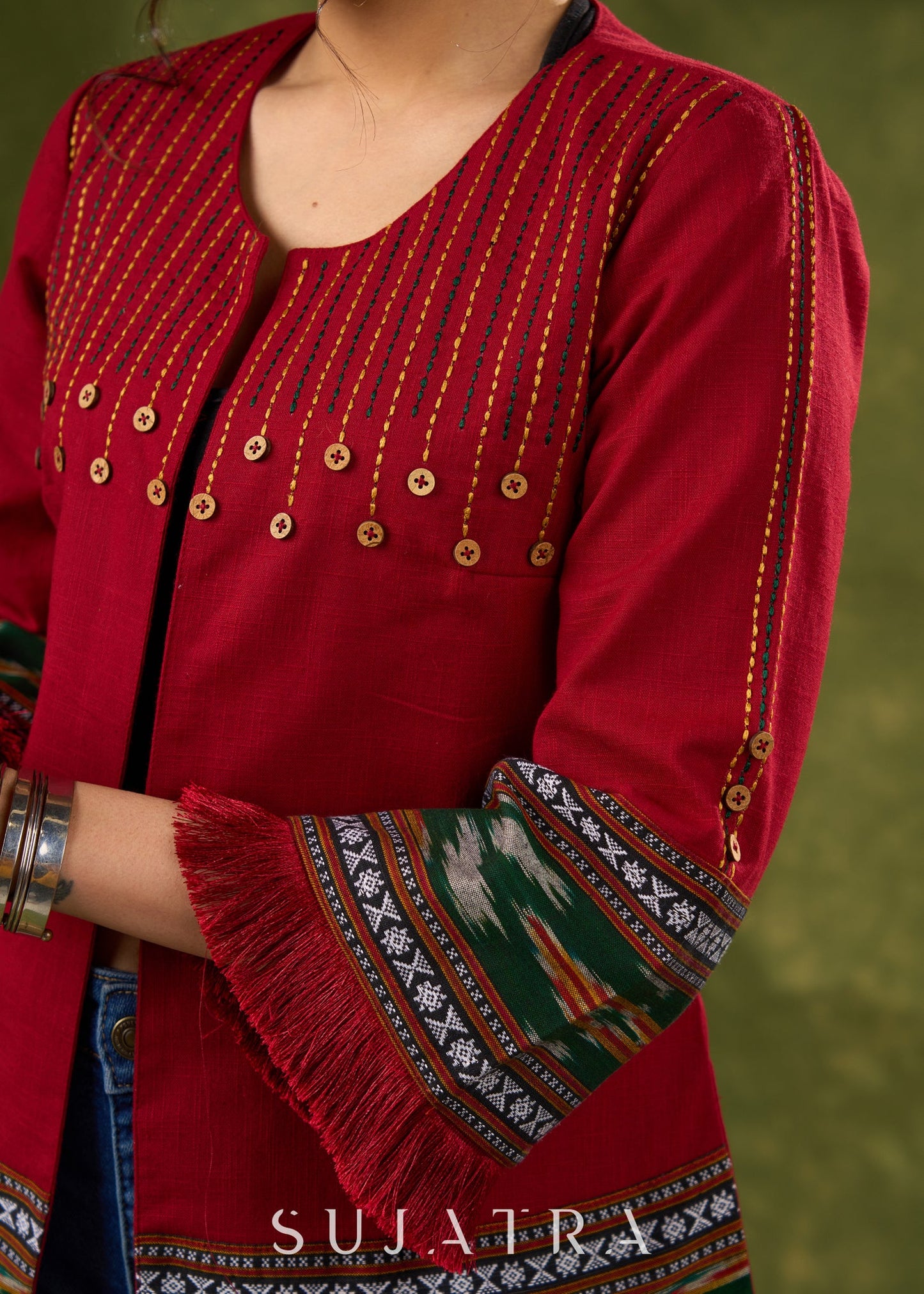 Global Glamour : Maroon Embroidered Cotton Jacket With Intricate Ikat Trim & Statement Buttons