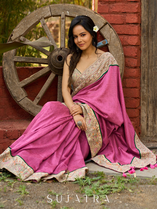 Orchid pink cotton saree with Madhubani border and vibrant tassels
