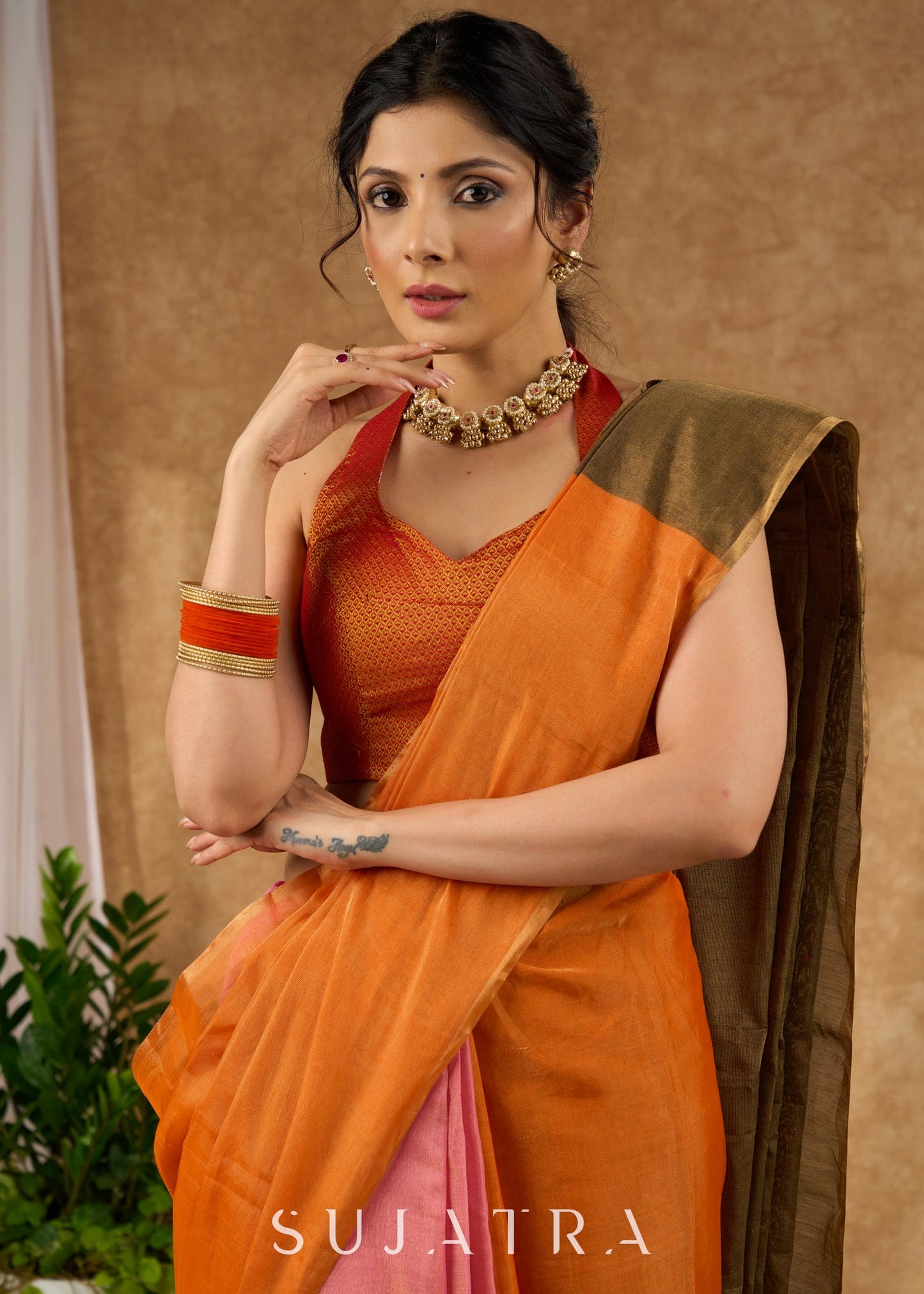Exclusive Orange & Pink Combination Pure Tissue Saree With Optional Khan Blouse Piece