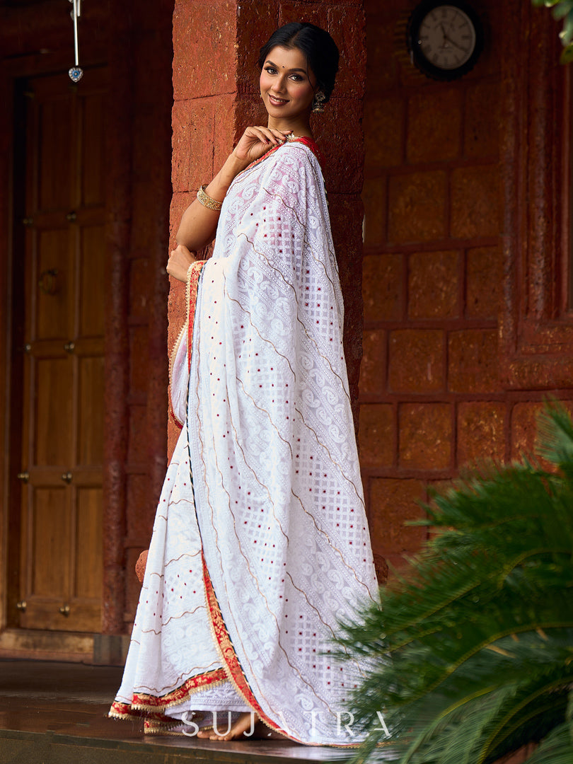 Refined White Georgette Chikankari Saree with Red-Gold Benarasi Border & Hand Embroidered Pallu