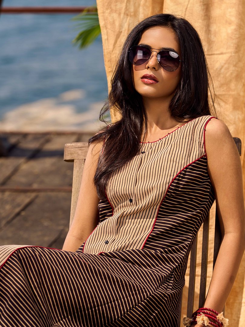 Black & Beige Ajrakh Cotton Dress with Structured Panel Design