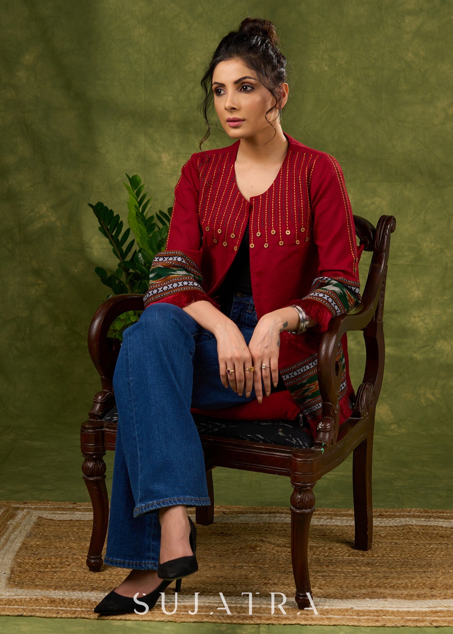 Global Glamour : Maroon Embroidered Cotton Jacket With Intricate Ikat Trim & Statement Buttons