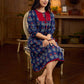 Royal blue Jaipur-printed dress featuring red rose motifs, a pintuck neck patch with red accents, and balloon 3/4th sleeves, creating a graceful silhouette with a blend of artisanal charm and contemporary elegance.