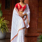 Refined White Georgette Chikankari Saree with Red-Gold Benarasi Border & Hand Embroidered Pallu
