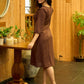 Cocoa Charm Handcrafted Dress with Statement Lapel Collar & Kantha Stitches