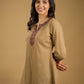 Ethnic dark beige cotton top highlighted with elegant ajrakh detail.