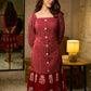 Timeless Maroon Hand Block Printed Mul Cotton Dress with Statement Floral Hem
