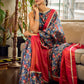 Classic Navy Saree Featuring Digital Rose Floral Print & Vibrant Red Tissue Contrast Border & Gold Trim