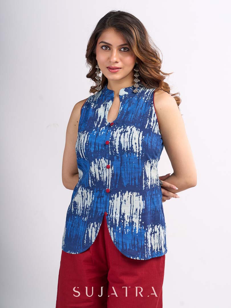 Indigo Cotton Indo Western Top with Tailored Waistcoat Finish