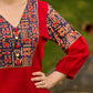 Red Cotton Kurta with Traditional Fish Print Motifs and Gold Accents