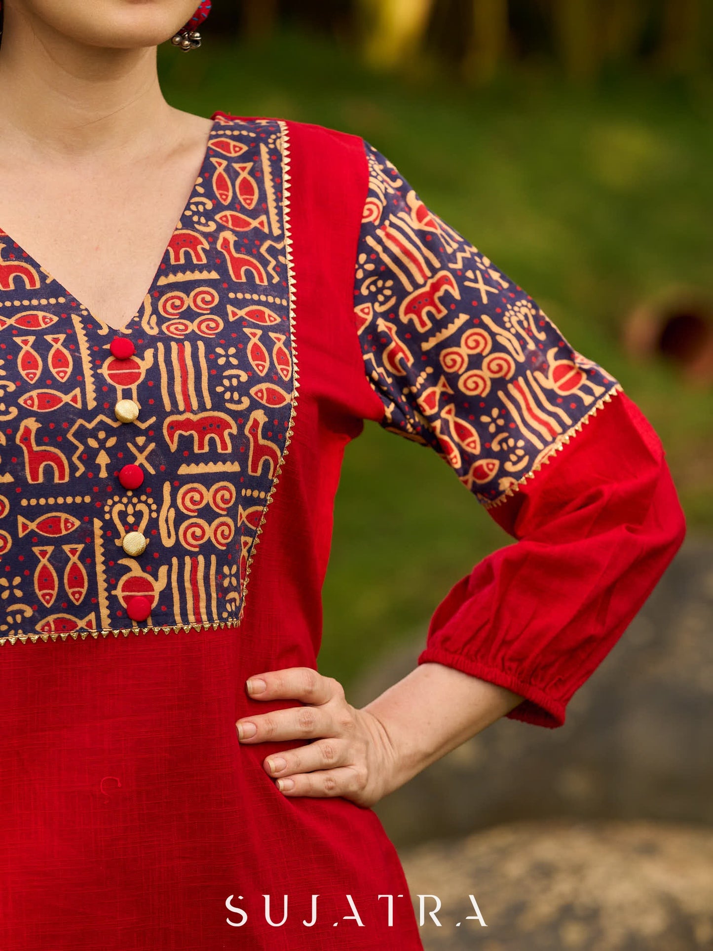 Red Cotton Kurta with Traditional Fish Print Motifs and Gold Accents