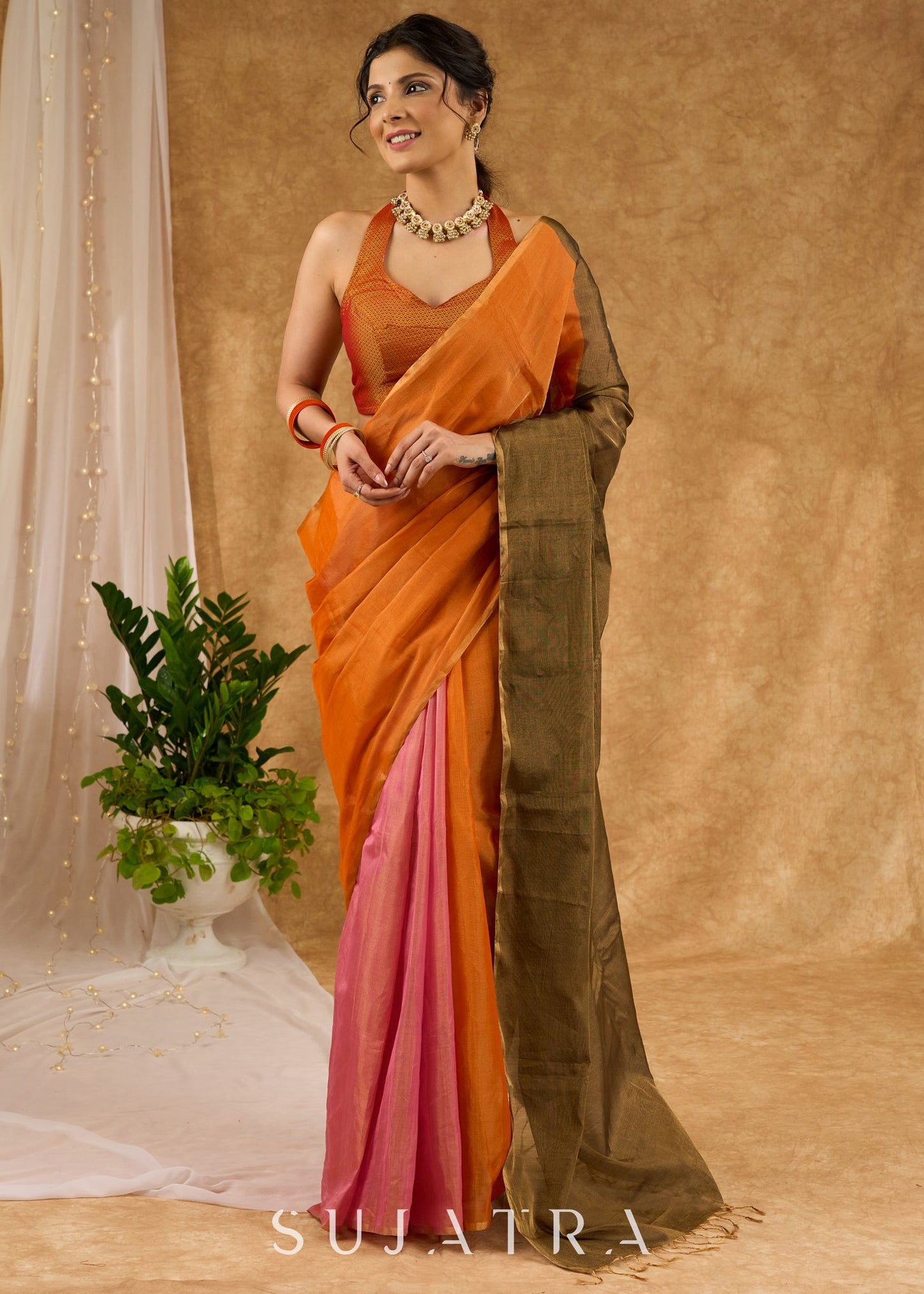 Exclusive Orange & Pink Combination Pure Tissue Saree With Optional Khan Blouse Piece