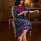 Royal blue Jaipur-printed dress featuring red rose motifs, a pintuck neck patch with red accents, and balloon 3/4th sleeves, creating a graceful silhouette with a blend of artisanal charm and contemporary elegance.