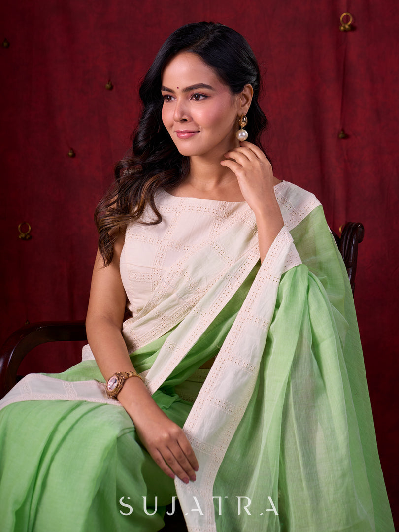 Soft Pastel Green Mul Cotton Saree Adorned with Delicate Hakoba Border & Pallu