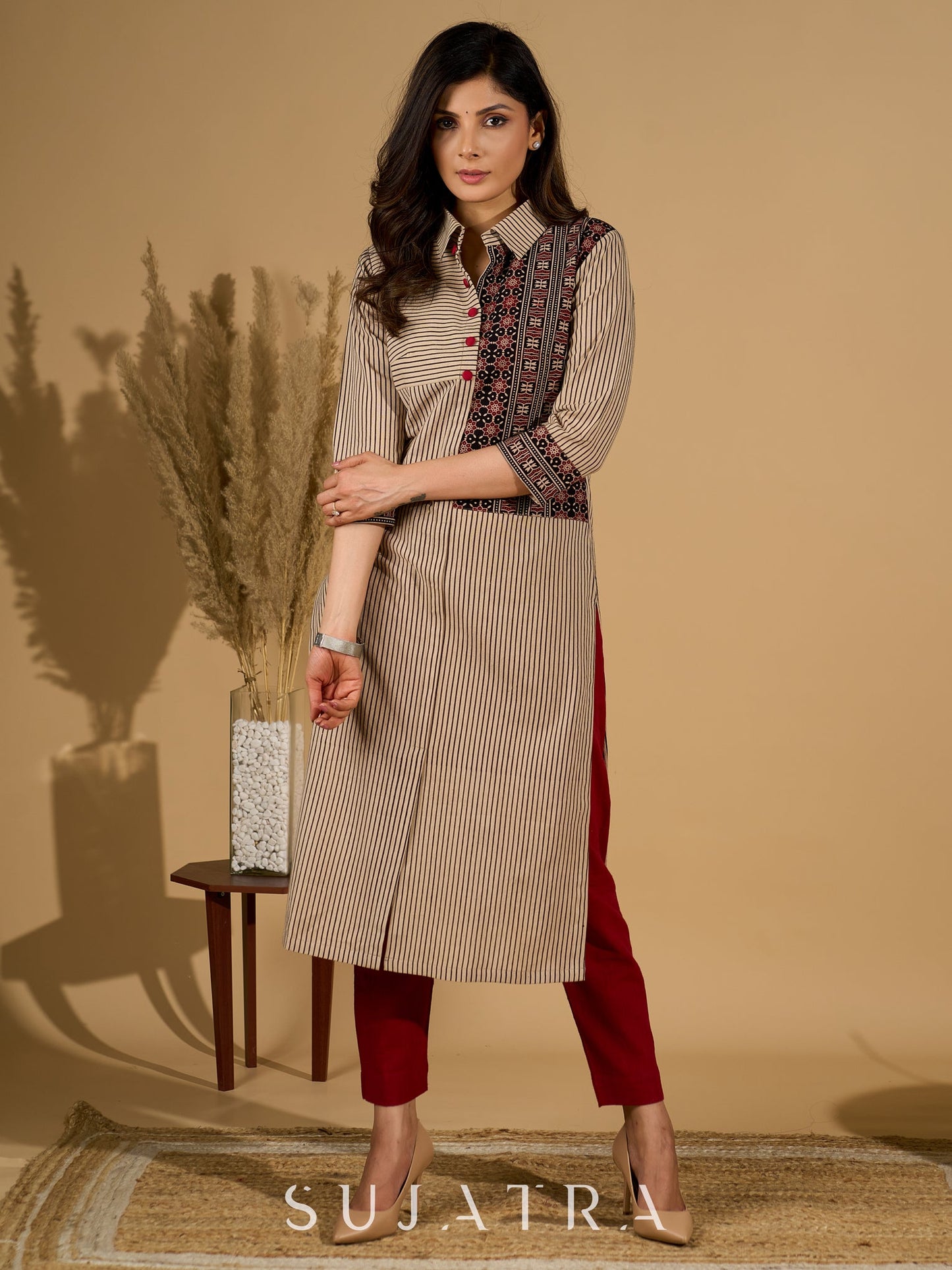 Charming Cream Ajrakh Kurta with Geometric Yoke & Cuffs