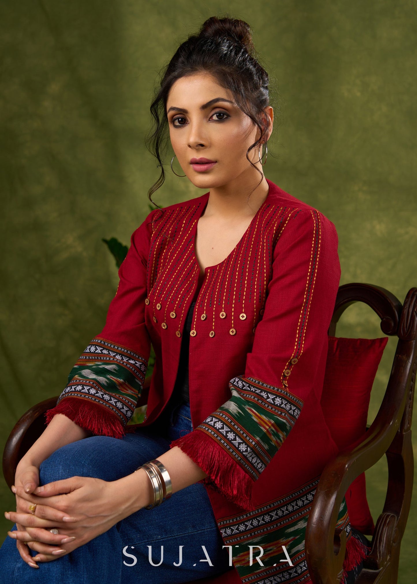 Global Glamour : Maroon Embroidered Cotton Jacket With Intricate Ikat Trim & Statement Buttons