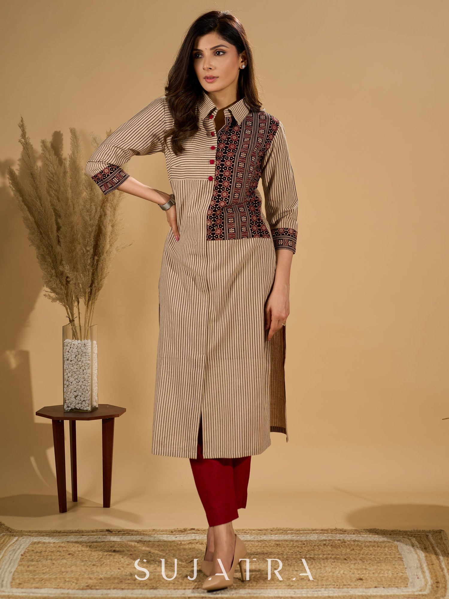 Charming Cream Ajrakh Kurta with Geometric Yoke & Cuffs
