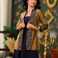 Exquisite Gold Silk Jacket with Black Shimmer-Striped Collar and Warli Printed Accents on Open Front and Cuffs