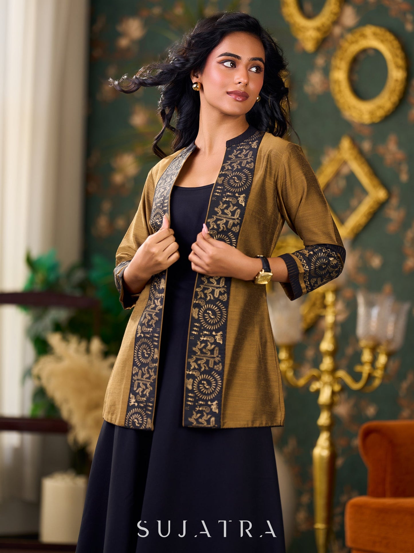Exquisite Gold Silk Jacket with Black Shimmer-Striped Collar and Warli Printed Accents on Open Front and Cuffs