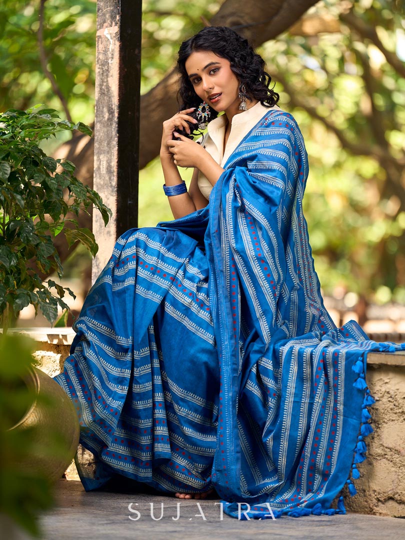 Classic Blue Cotton Saree with Traditional Hand Block Printed Border