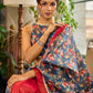 Classic Navy Saree Featuring Digital Rose Floral Print & Vibrant Red Tissue Contrast Border & Gold Trim