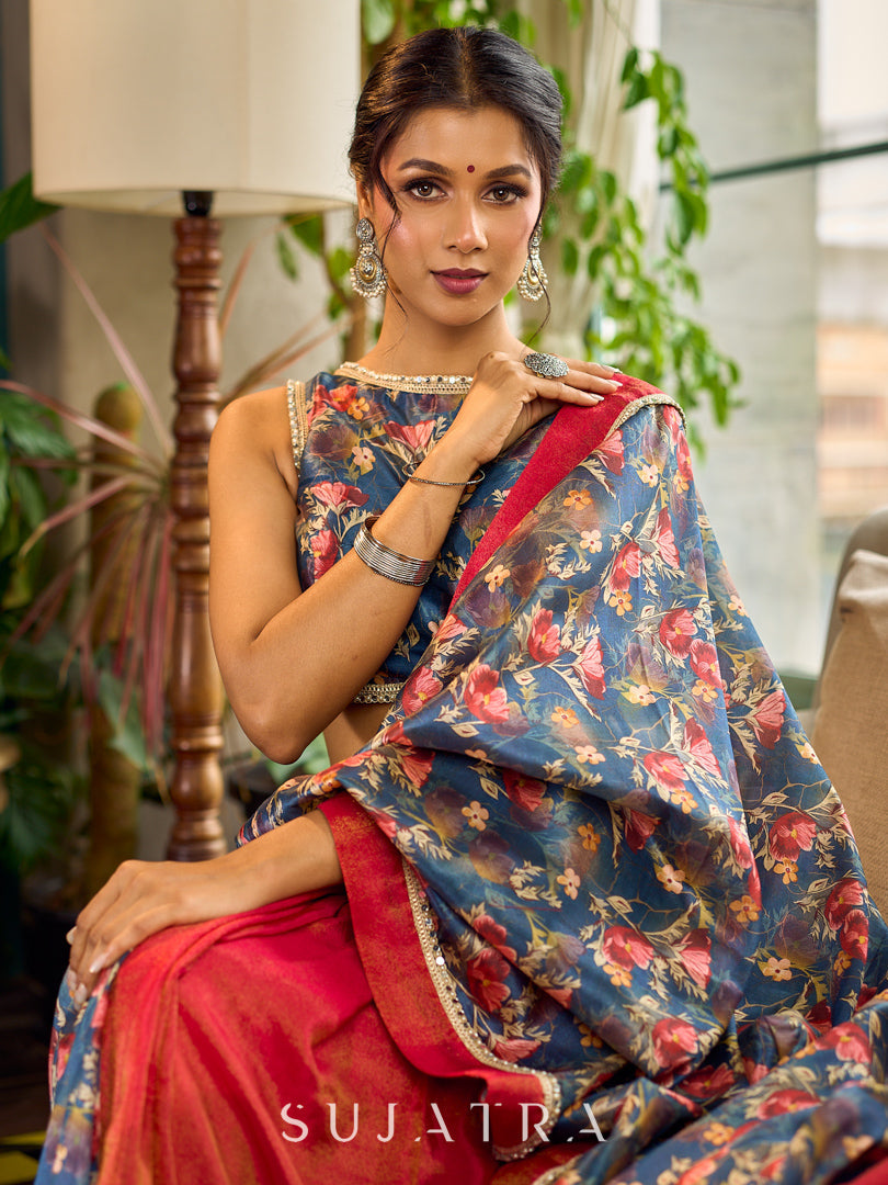 Classic Navy Saree Featuring Digital Rose Floral Print & Vibrant Red Tissue Contrast Border & Gold Trim