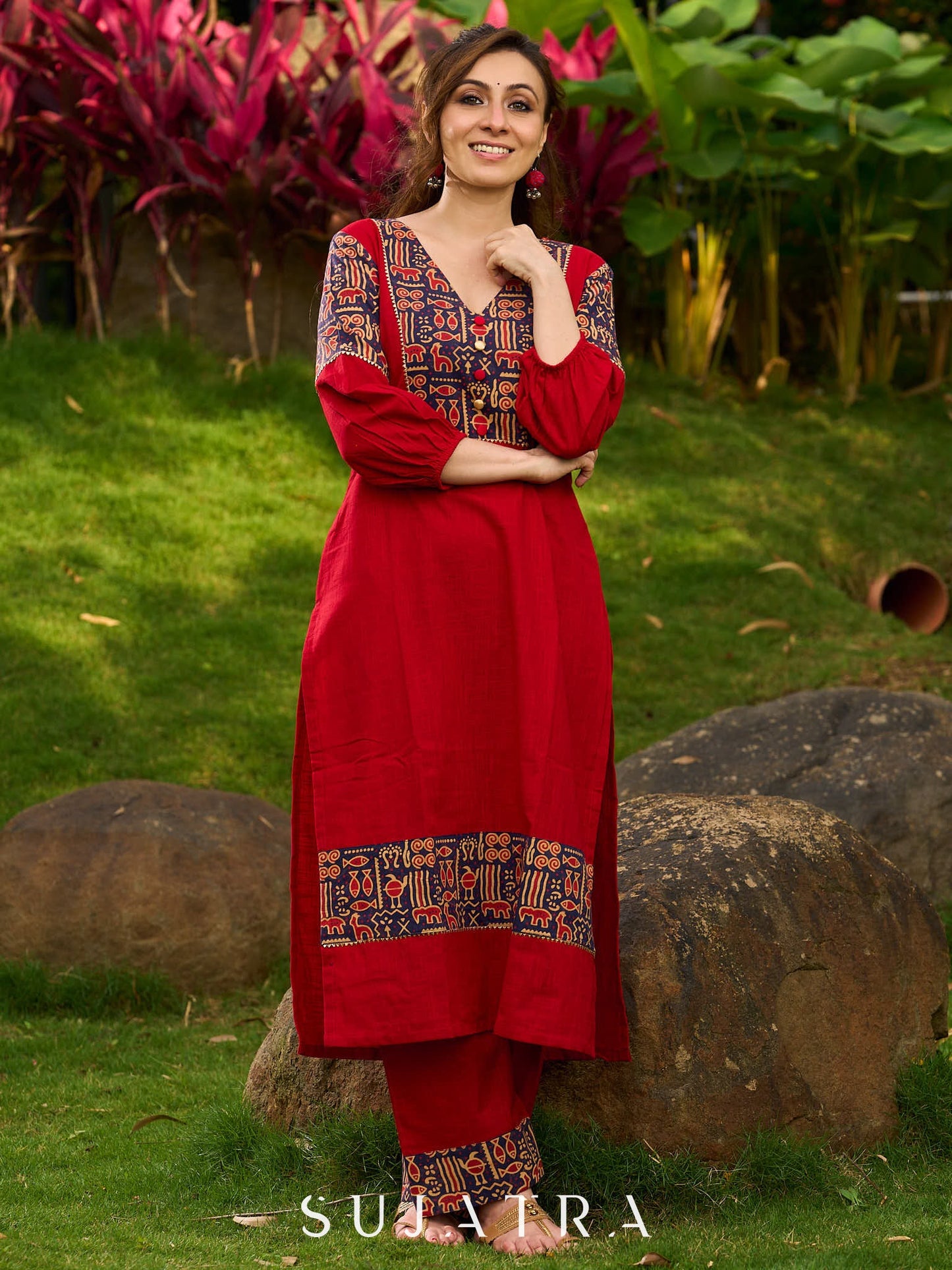 Red Cotton Kurta with Traditional Fish Print Motifs and Gold Accents