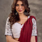 White Cotton Silk Blouse with Printed Sleeve & Red Button Front