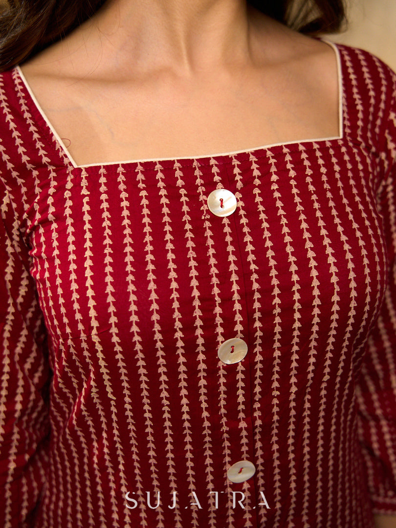 Timeless Maroon Hand Block Printed Mul Cotton Dress with Statement Floral Hem