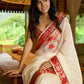 Heritage white Chanderi saree with benarasi border featuring artisanal hand-painted floral motifs