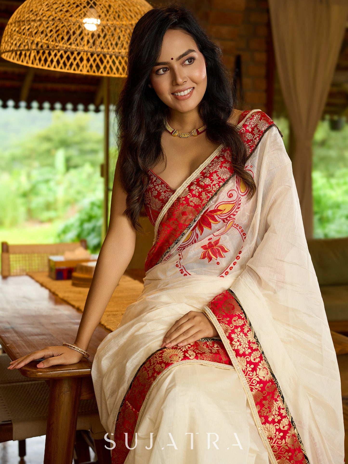 Heritage white Chanderi saree with benarasi border featuring artisanal hand-painted floral motifs