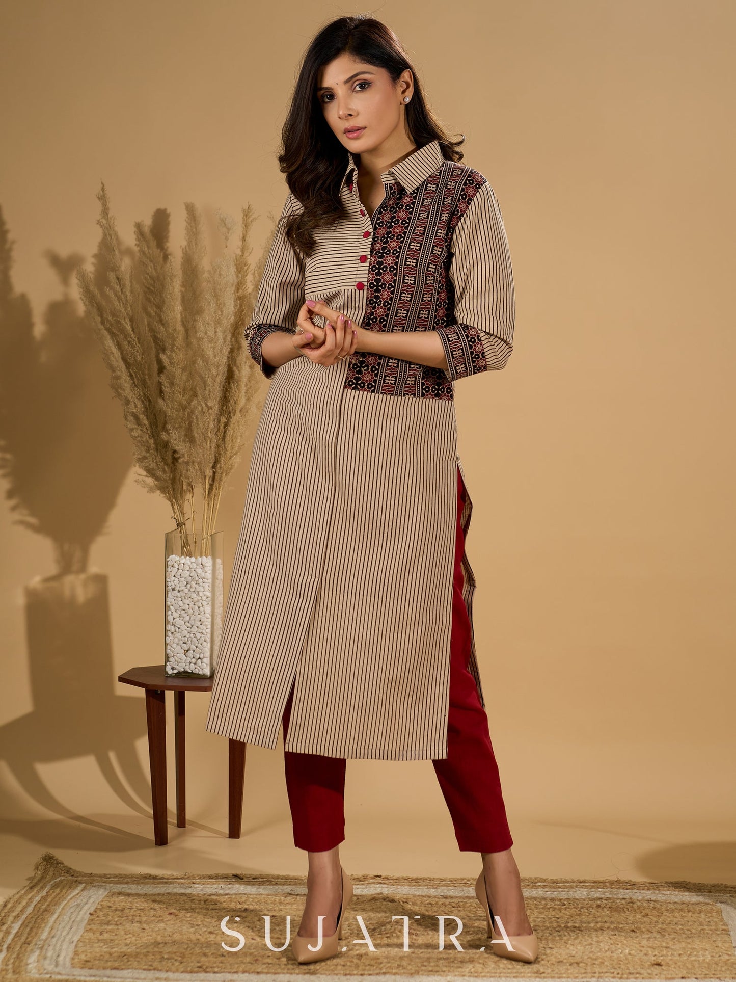 Charming Cream Ajrakh Kurta with Geometric Yoke & Cuffs