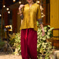 Mustard Cotton Silk Top With Pleated Yoke And Contrasting Ikat Detailing On Sleeves And Collar