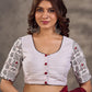 White Cotton Silk Blouse with Printed Sleeve & Red Button Front