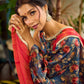Classic Navy Saree Featuring Digital Rose Floral Print & Vibrant Red Tissue Contrast Border & Gold Trim