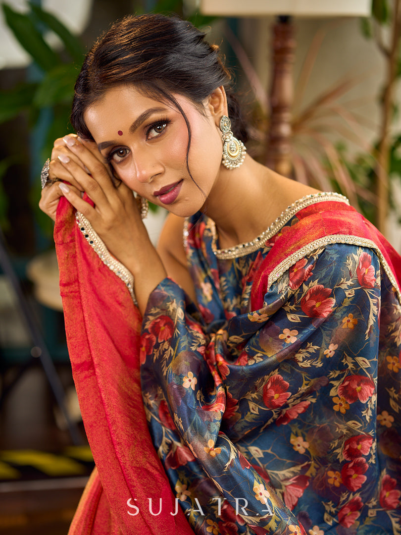 Classic Navy Saree Featuring Digital Rose Floral Print & Vibrant Red Tissue Contrast Border & Gold Trim