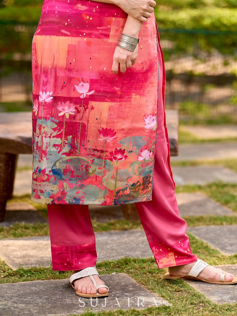 Graceful pink-shaded kurta featuring abstract Pichwai lotus–inspired motifs and a delicate neckline